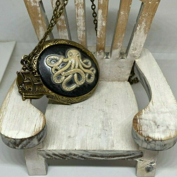 Bronze Octopus Ship Antique Gold Locket Necklace - Picture 3 of 9
